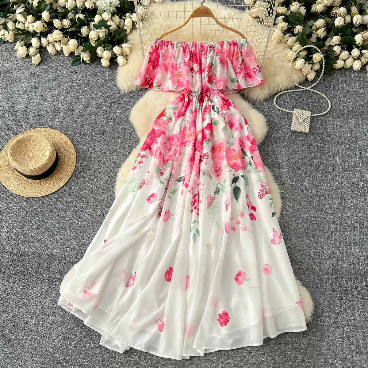Floral Chiffon Pleated Boat Neck Maxi Dress