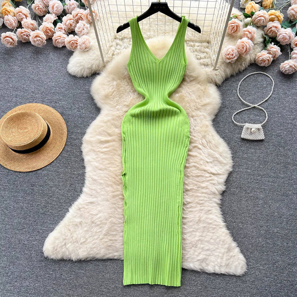 Split Knit Wrap Bodycon Maxi Dress