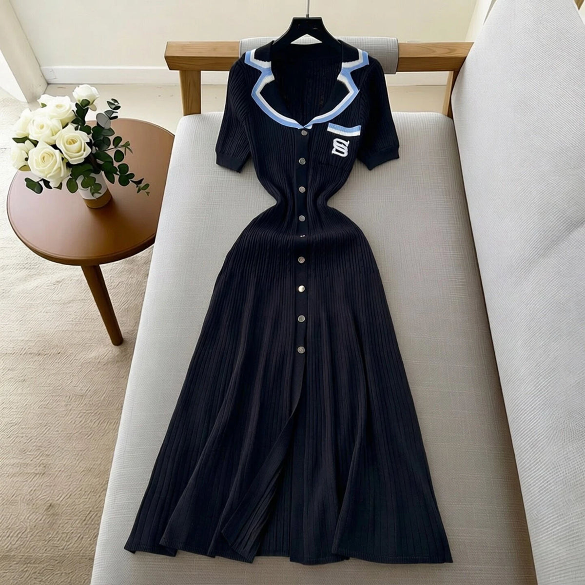 Embroidered Short Sleeve Knit Maxi Dress