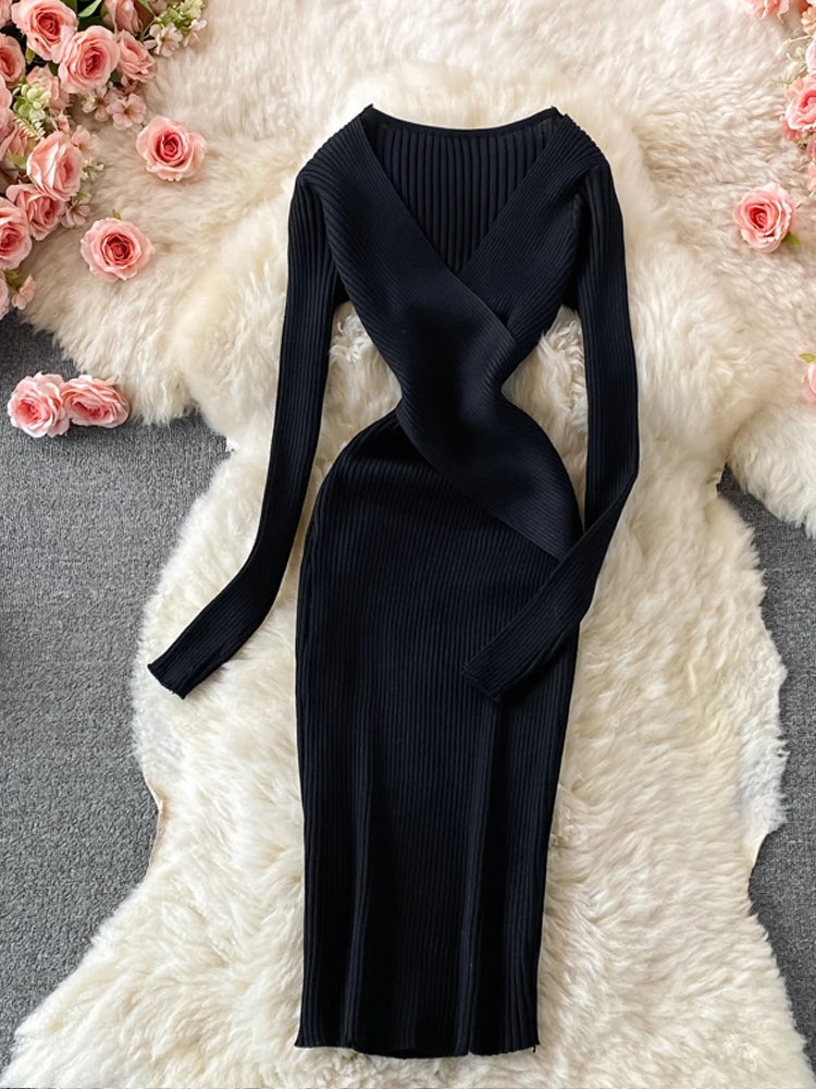 Cross V-Neck Knit Bodycon Dress