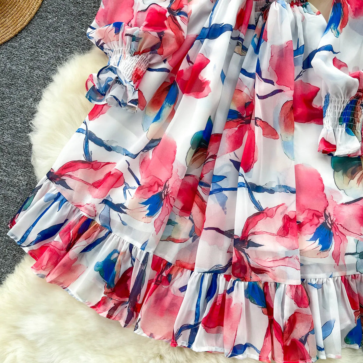 Print Chiffon Lantern Sleeve Midi Dress