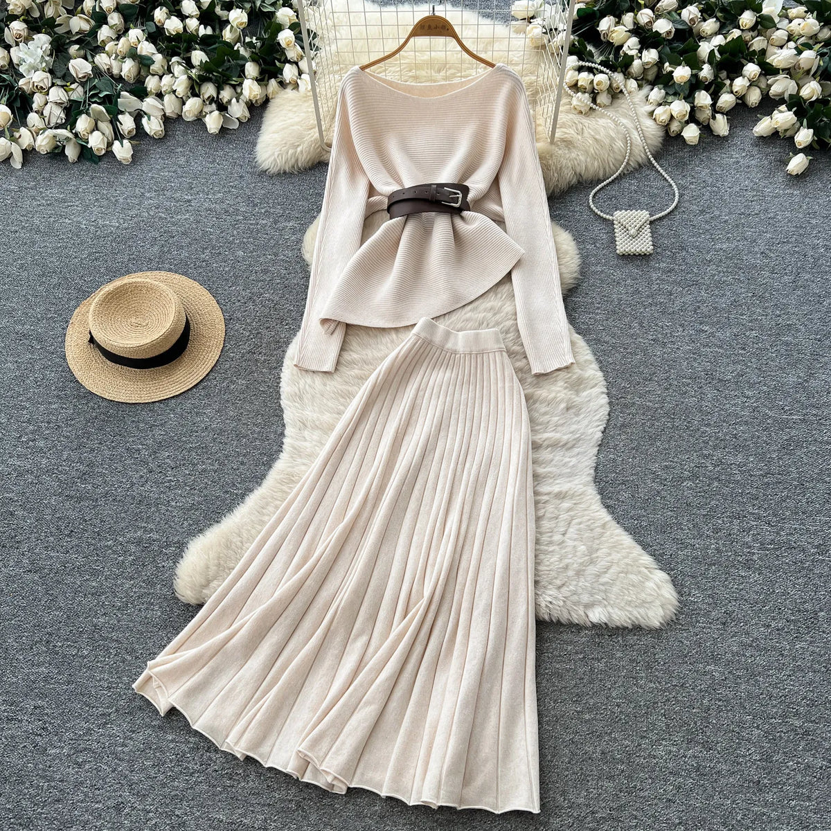 Belted Knit Pullover and Flared Skirt Set