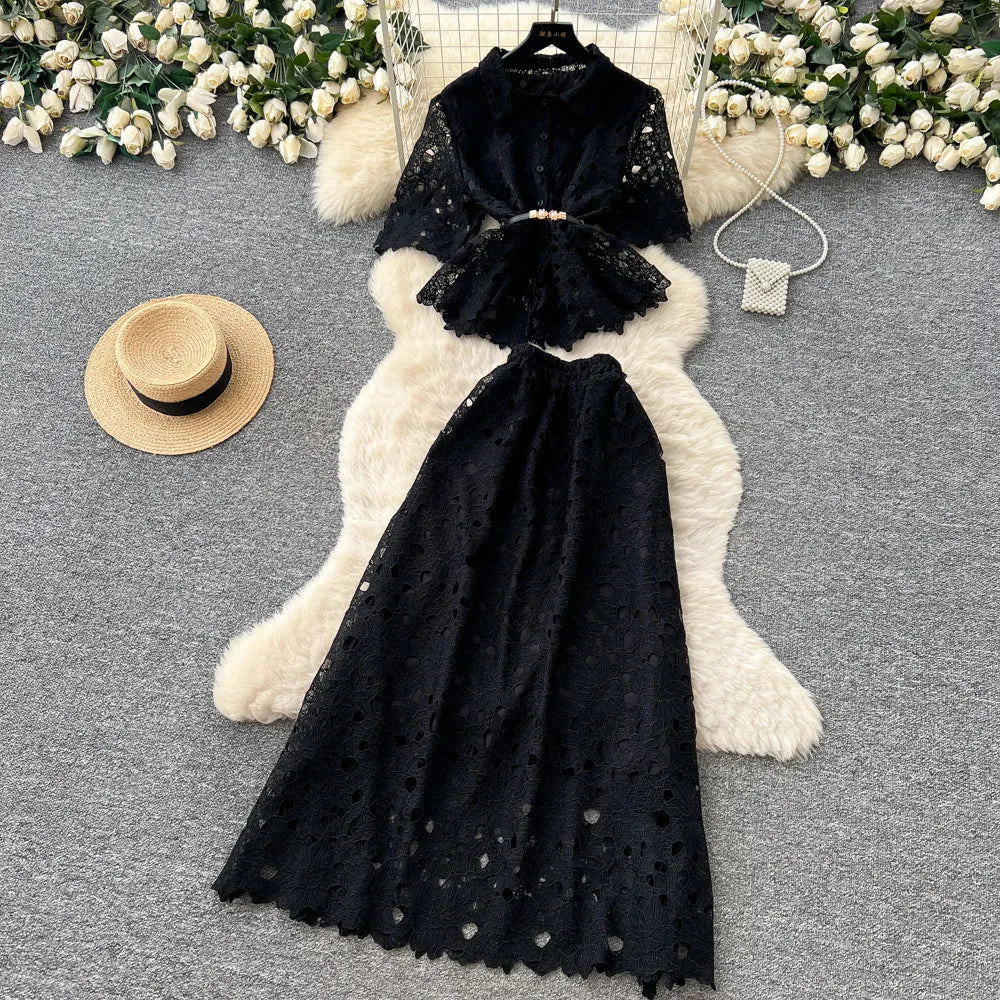 Lace Collared Top and A-Line Skirt Set