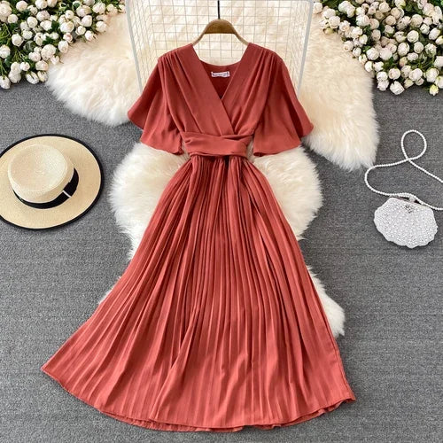 Pleated Lace-Up V-Neck A-Line Sundress