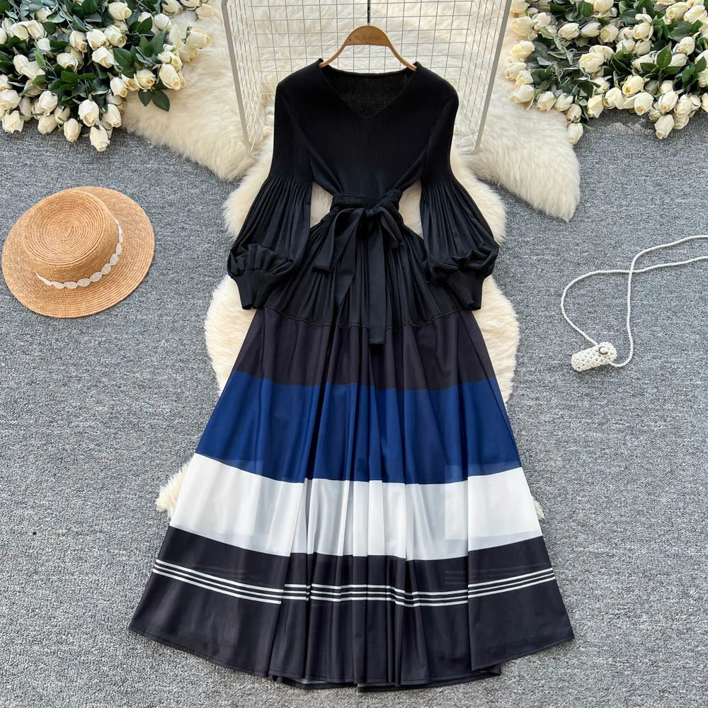 Spliced Print Slim Long Sleeve Dress