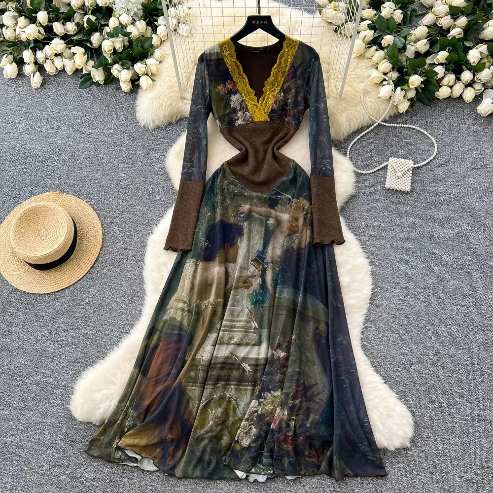 Oil Painting Print Lace V-Neck Dress