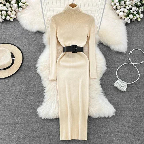 Belted Turtleneck Knit Pencil Dress