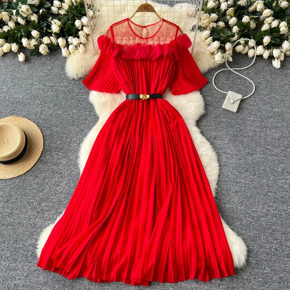 3D Flower Mesh Chiffon Pleated Dress