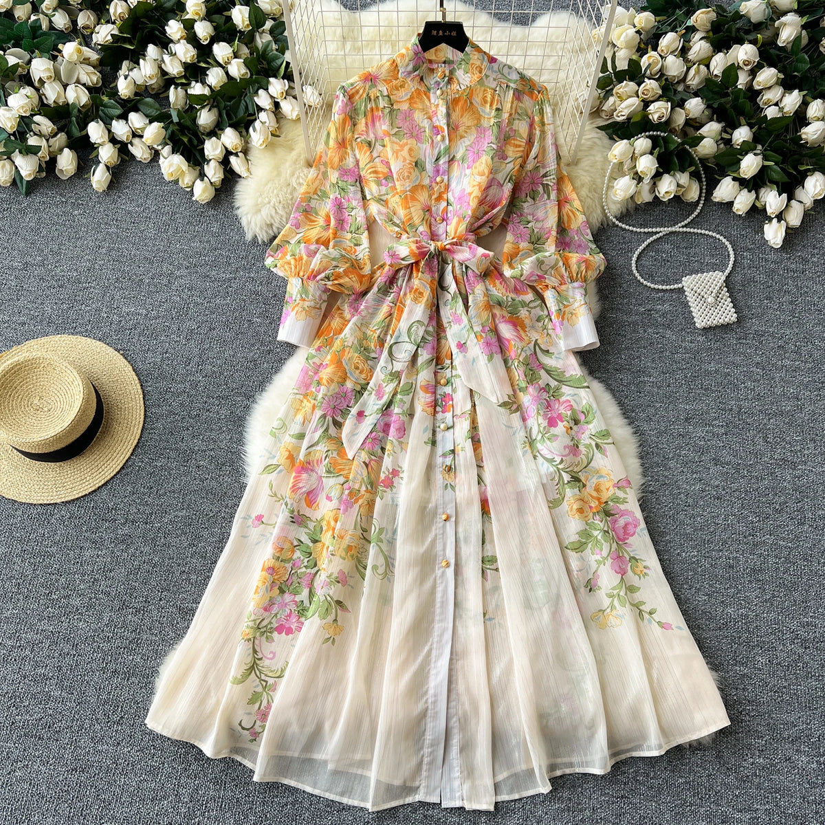 Print Chiffon Button Tie-Waist A-Line Dress