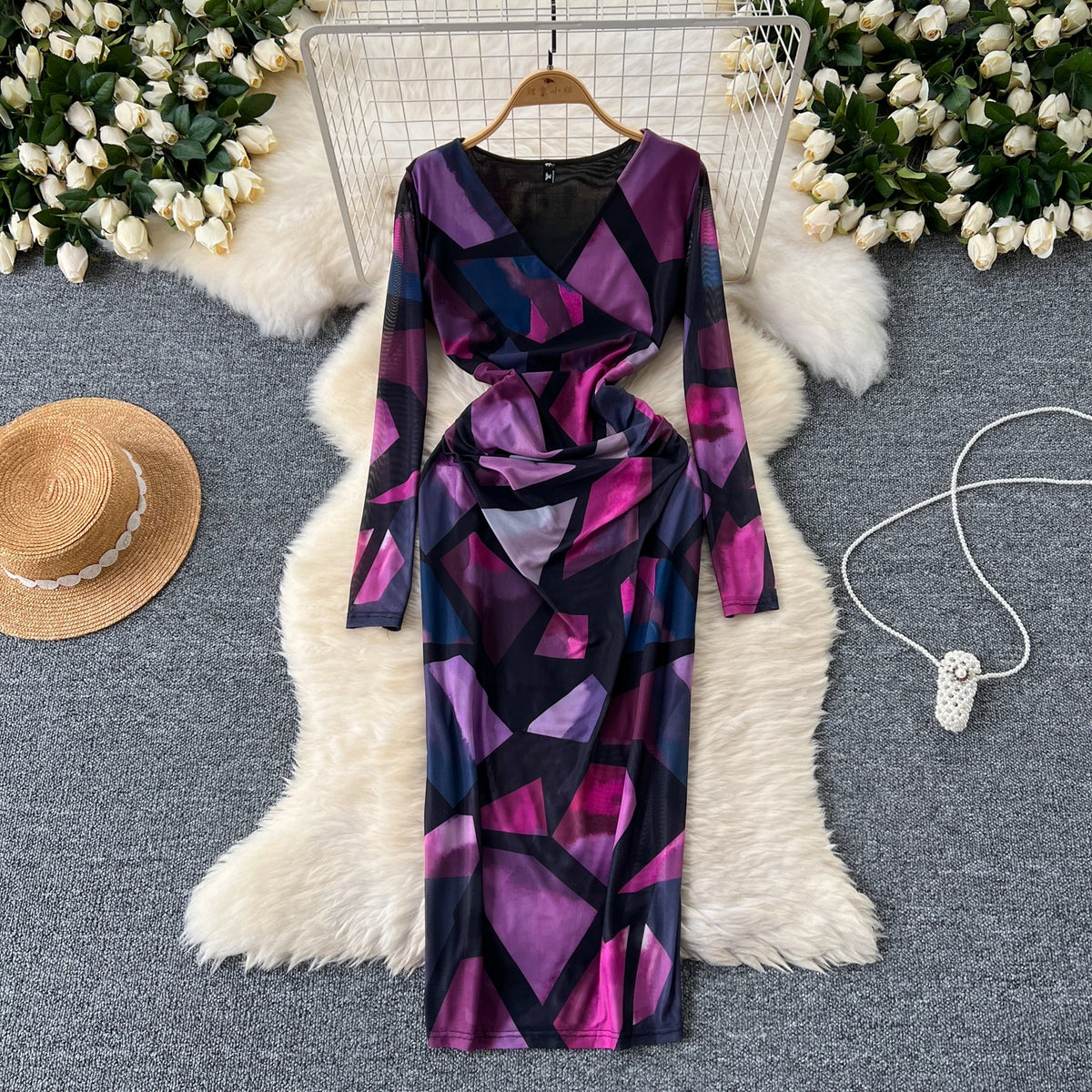 Pleated Mesh Print V-Neck Dress