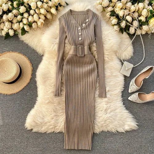 Belted V-Neck Knit Sweater Dress