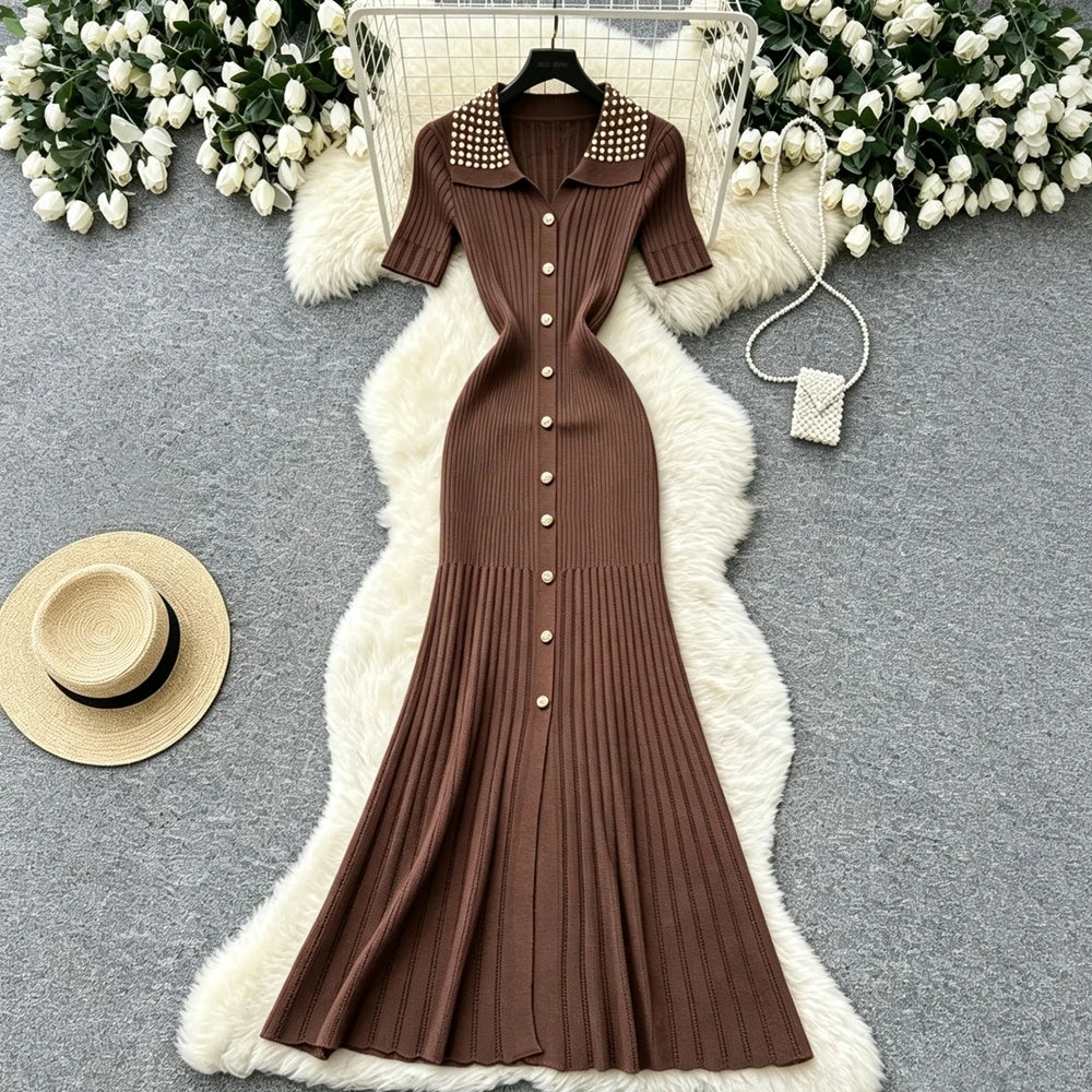 Sheer Patchwork Knit Maxi Shirt Dress