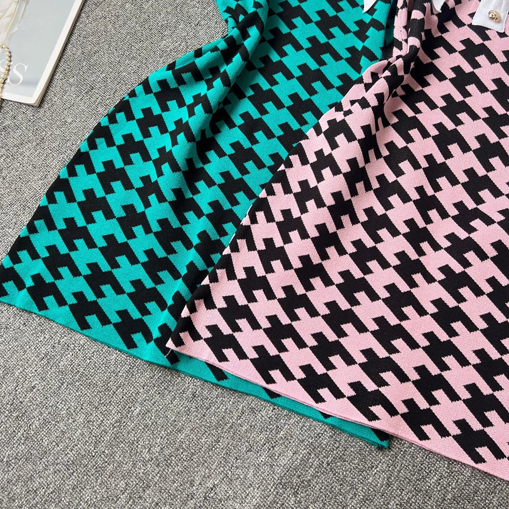 Houndstooth Collared Knit Mini Dress