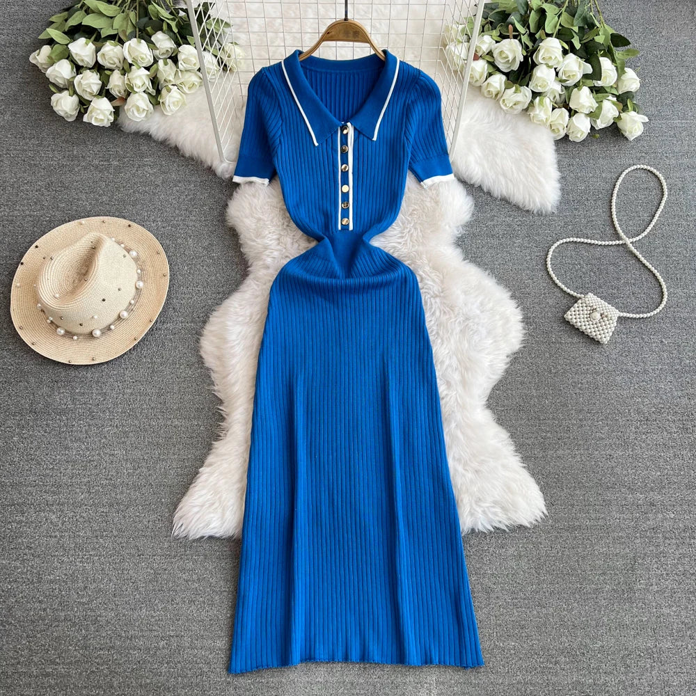 Striped Knit Collared Sleeveless Bodycon Dress