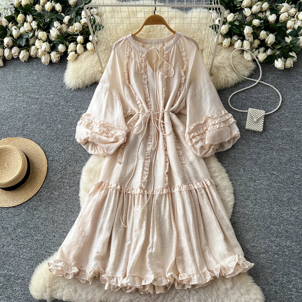 Lettuce Trim Ruched Long Sleeve Dress