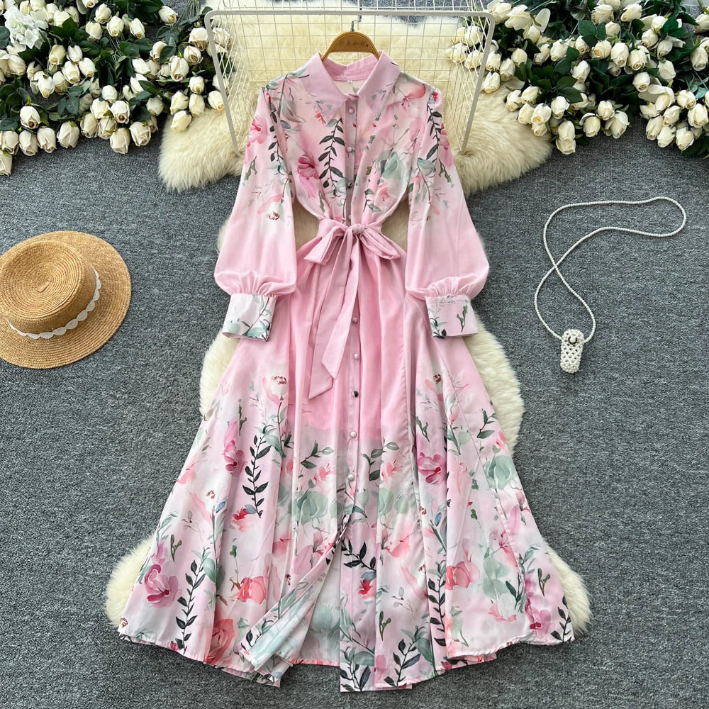 Lace-Up Print Long Sleeve Evening Dress