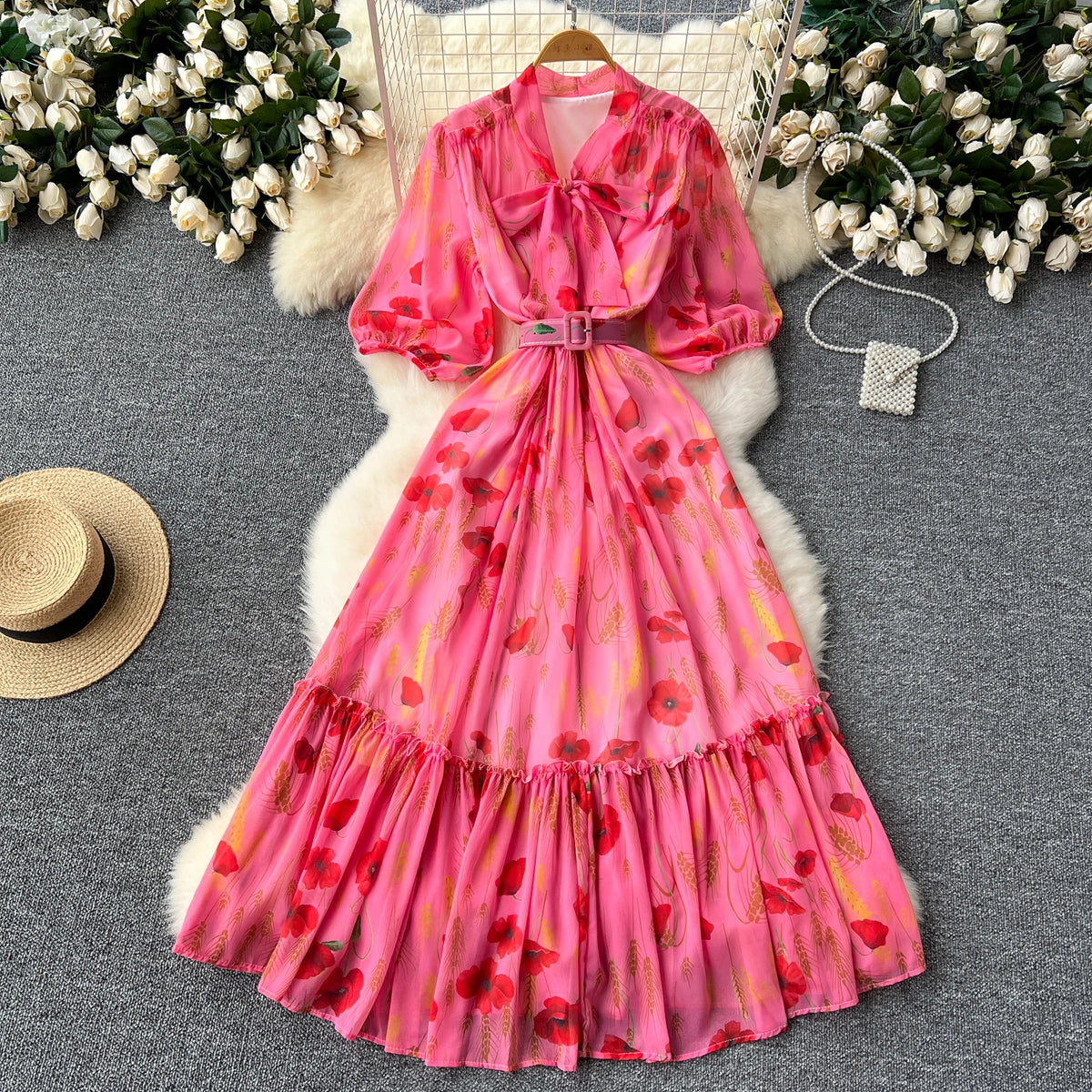 Vintage Print Bow Puff Sleeve Ruffle Dress