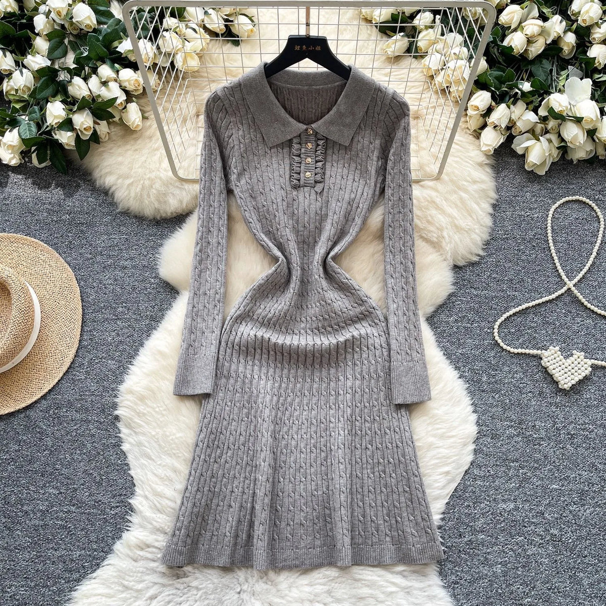 Collared Knit A-Line Shirt Sweater Dress