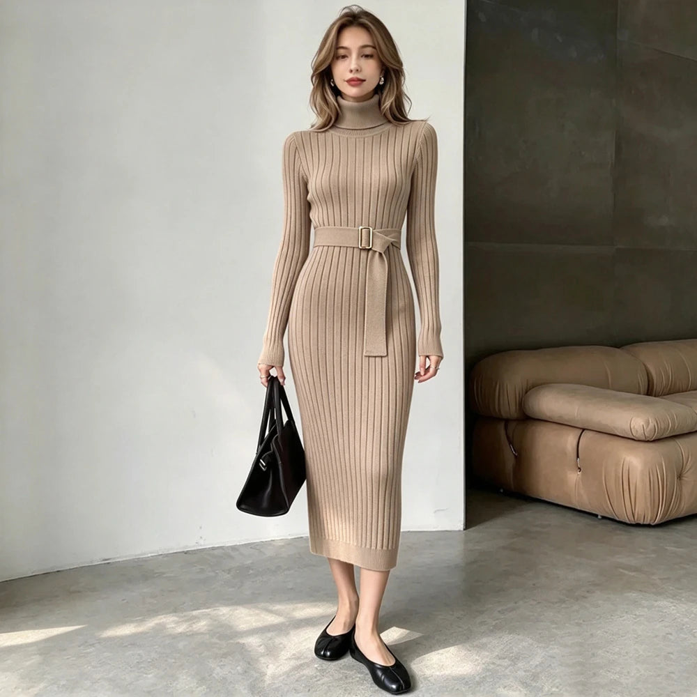 Turtleneck Long Sleeve Knit Bodycon Sweater Dress