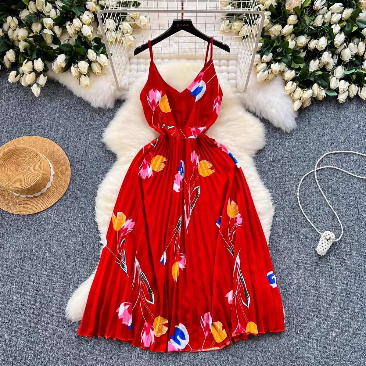 Floral Backless Pleated Maxi Dress
