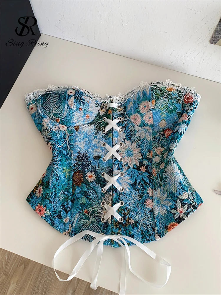 Floral Strapless Lace-Up Corset Top