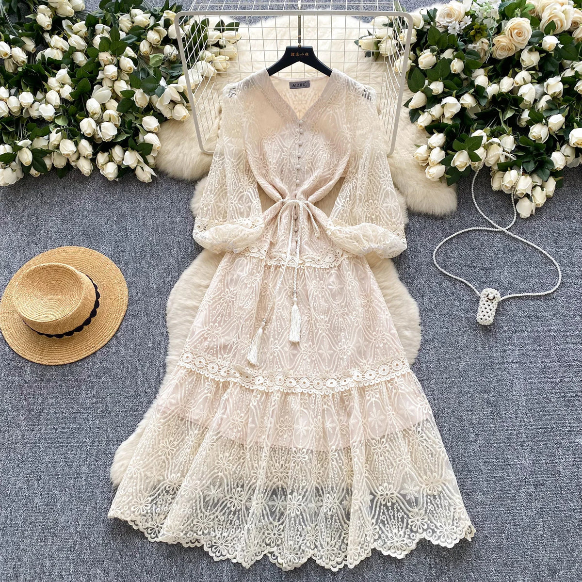 Embroidered Mesh Lace-Up A-Line Dress