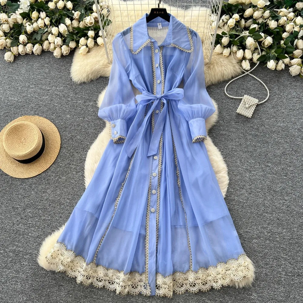 Lace Cutout Long Sleeve A-Line Dress