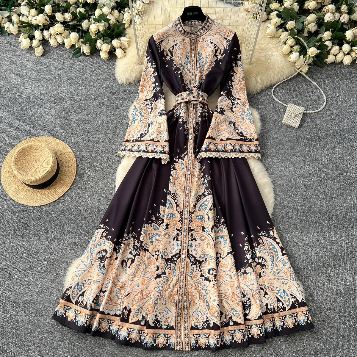 Print Ruched Flare Sleeve Sash Dress