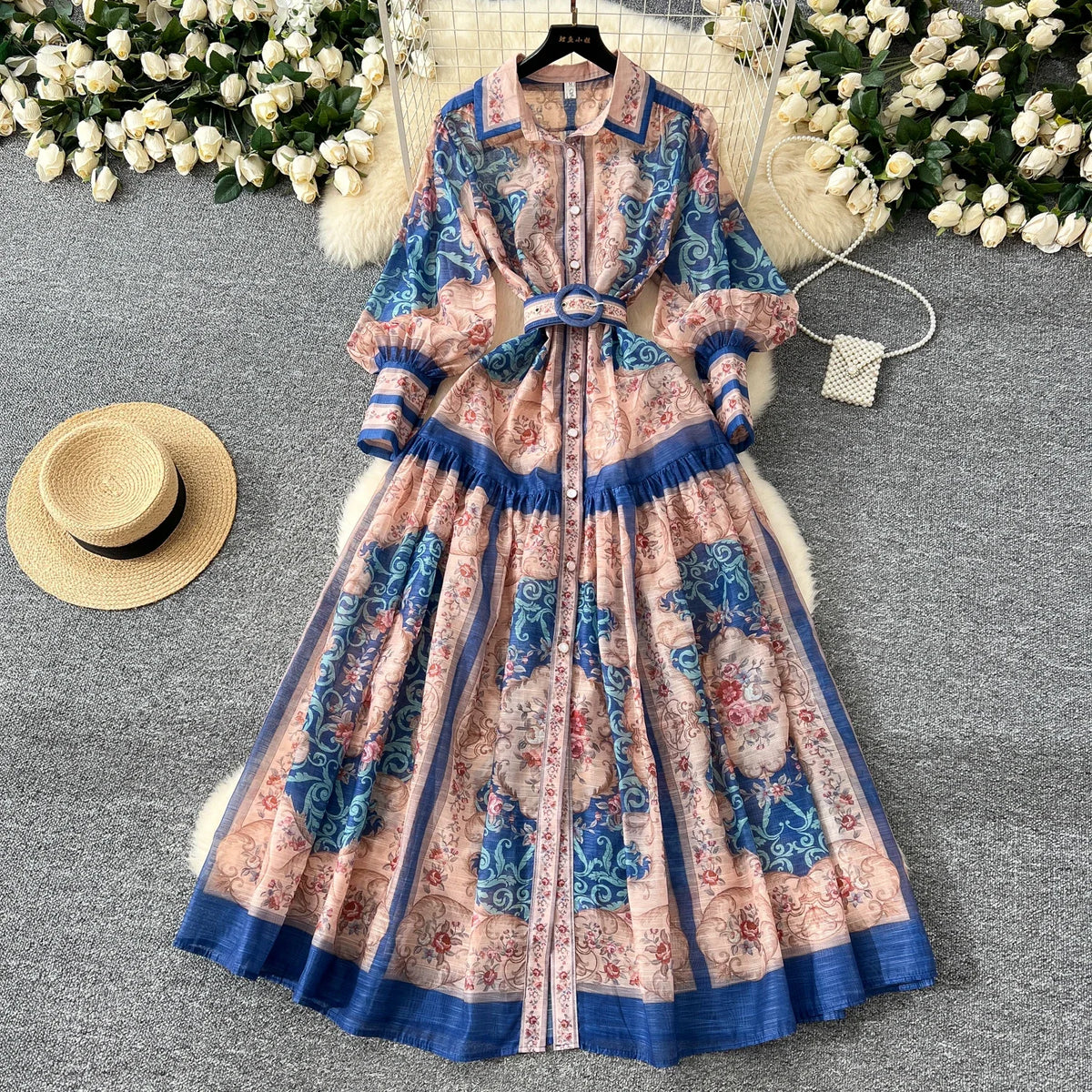 Print Lantern Sleeve Collared Maxi Shirt Dress