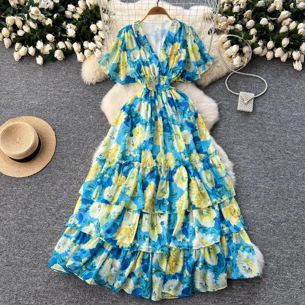 Print Chiffon Butterfly Sleeve A-Line Dress