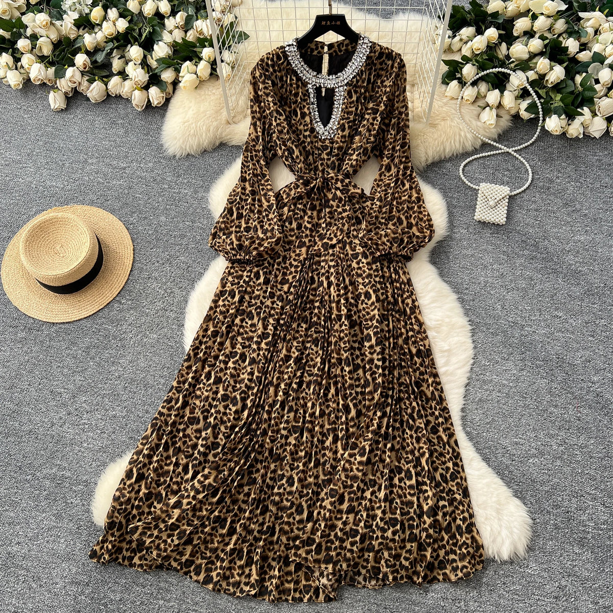 Leopard Rhinestone High Waist Party Dress