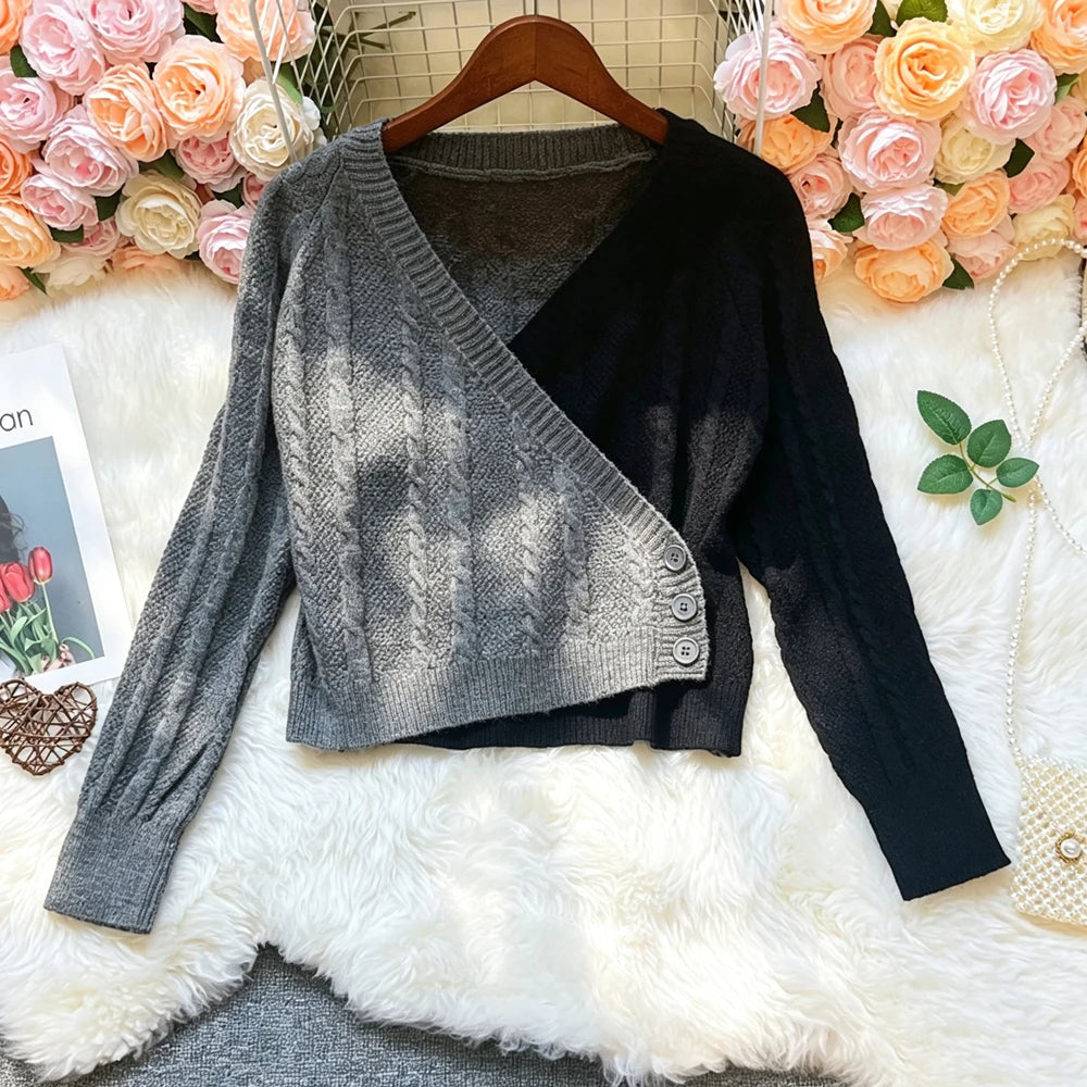V-Neck Patchwork Knit Cardigan Top