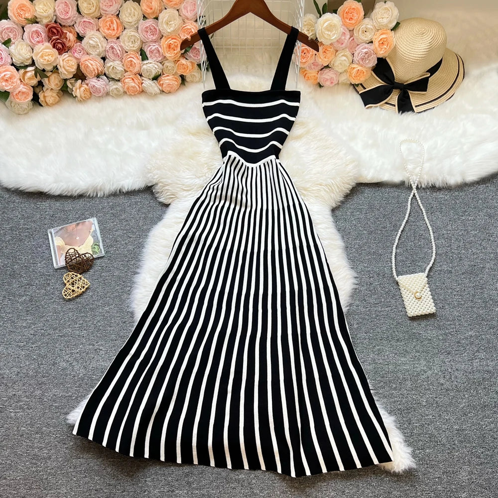 Striped Patchwork Knit Strappy Maxi Dress