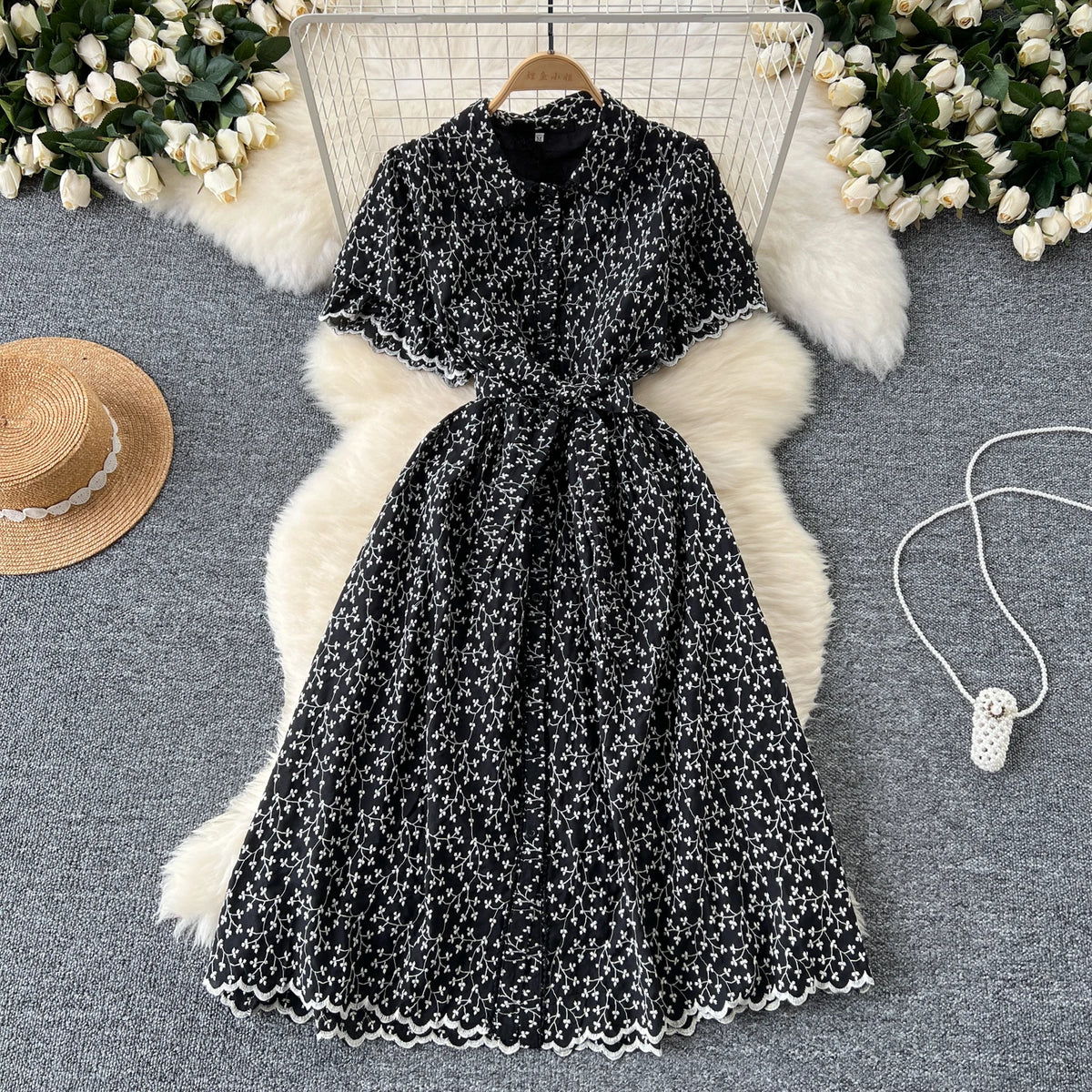 Embroidered Polo Collar Puff Sleeve Dress