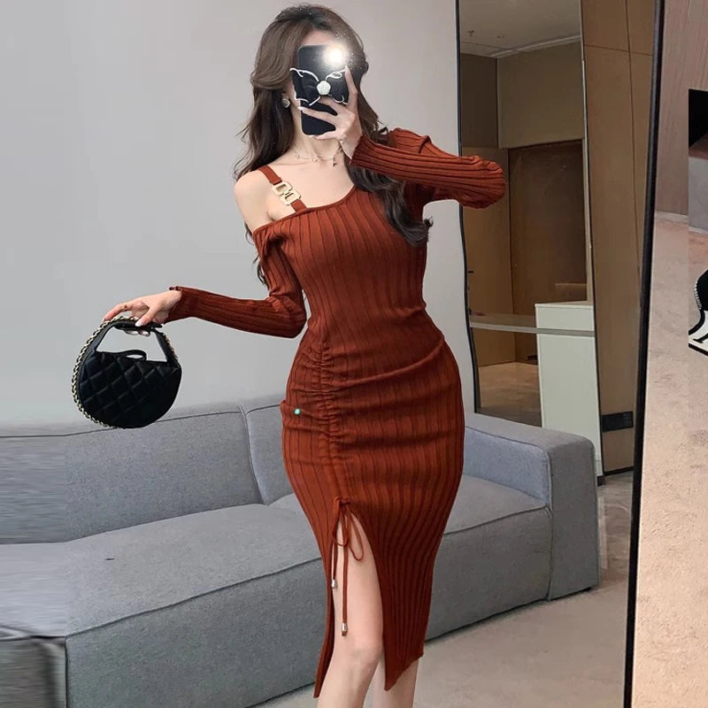 Ribbed Split Knit Bodycon Party Dress