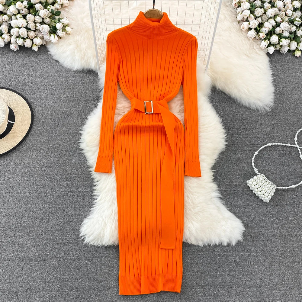 Belted Turtleneck Knit Bodycon Sweater Dress