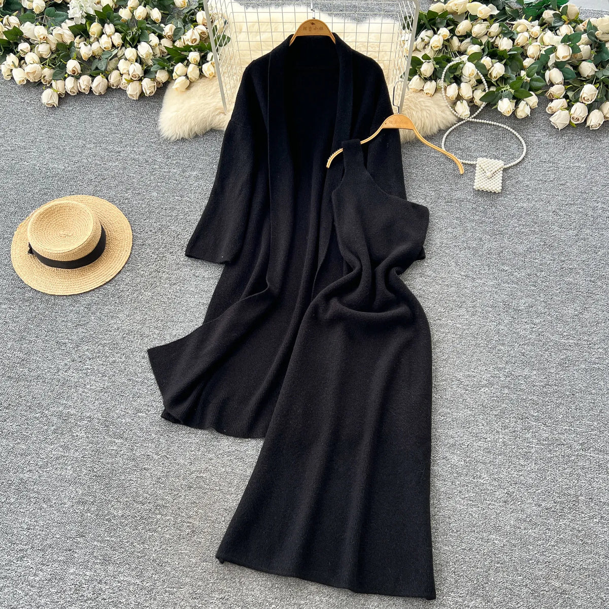 Knit One-Shoulder Cami Dress and Cardigan Set