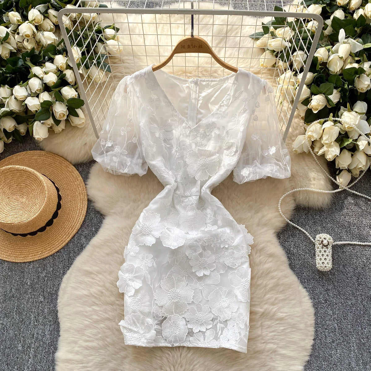 Embroidered Mesh Puff Sleeve A-Line Dress