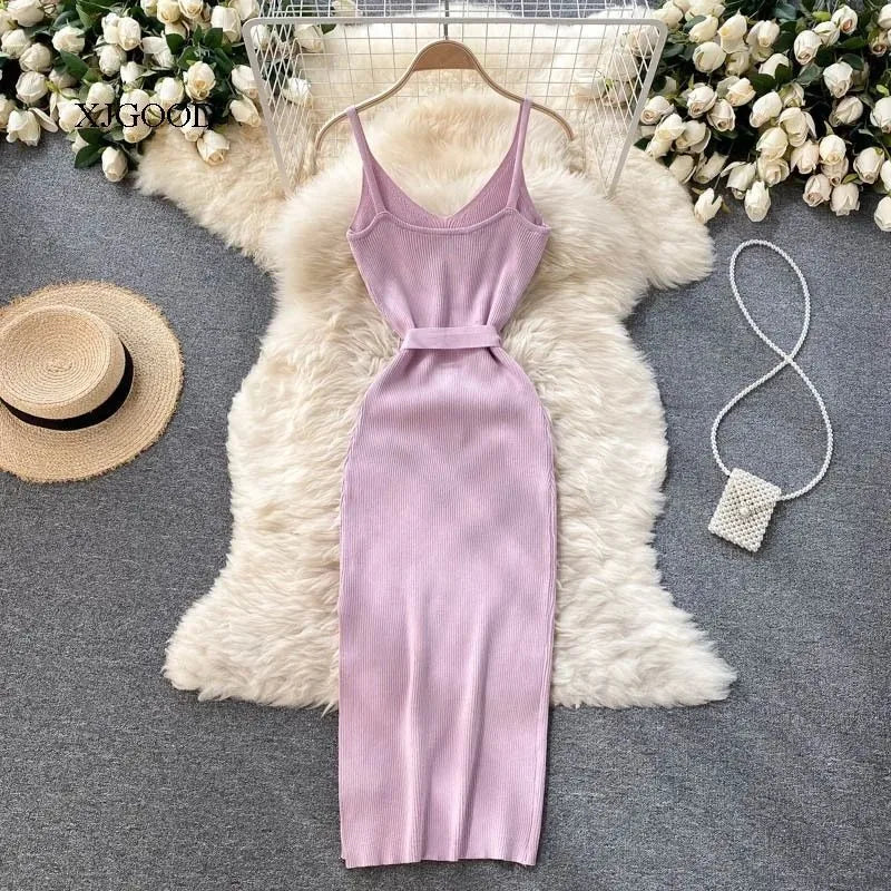 Belted V-Neck Split Knit Maxi Tank Dress