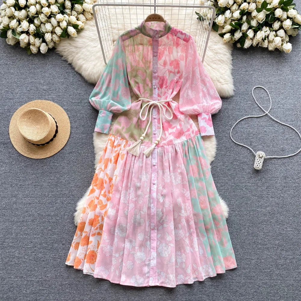 Print Pleated Lantern Sleeve A-Line Dress