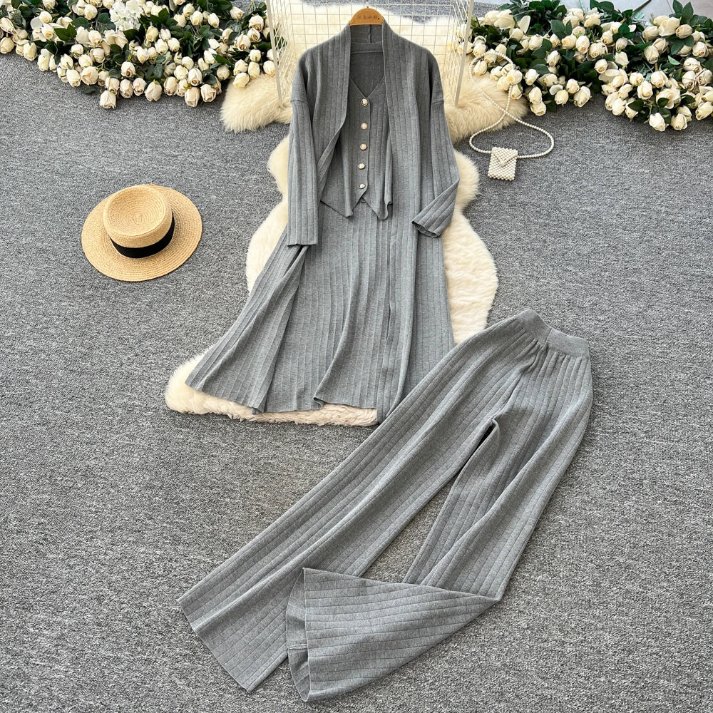 Knit Button Top and Wide Leg Pants Set
