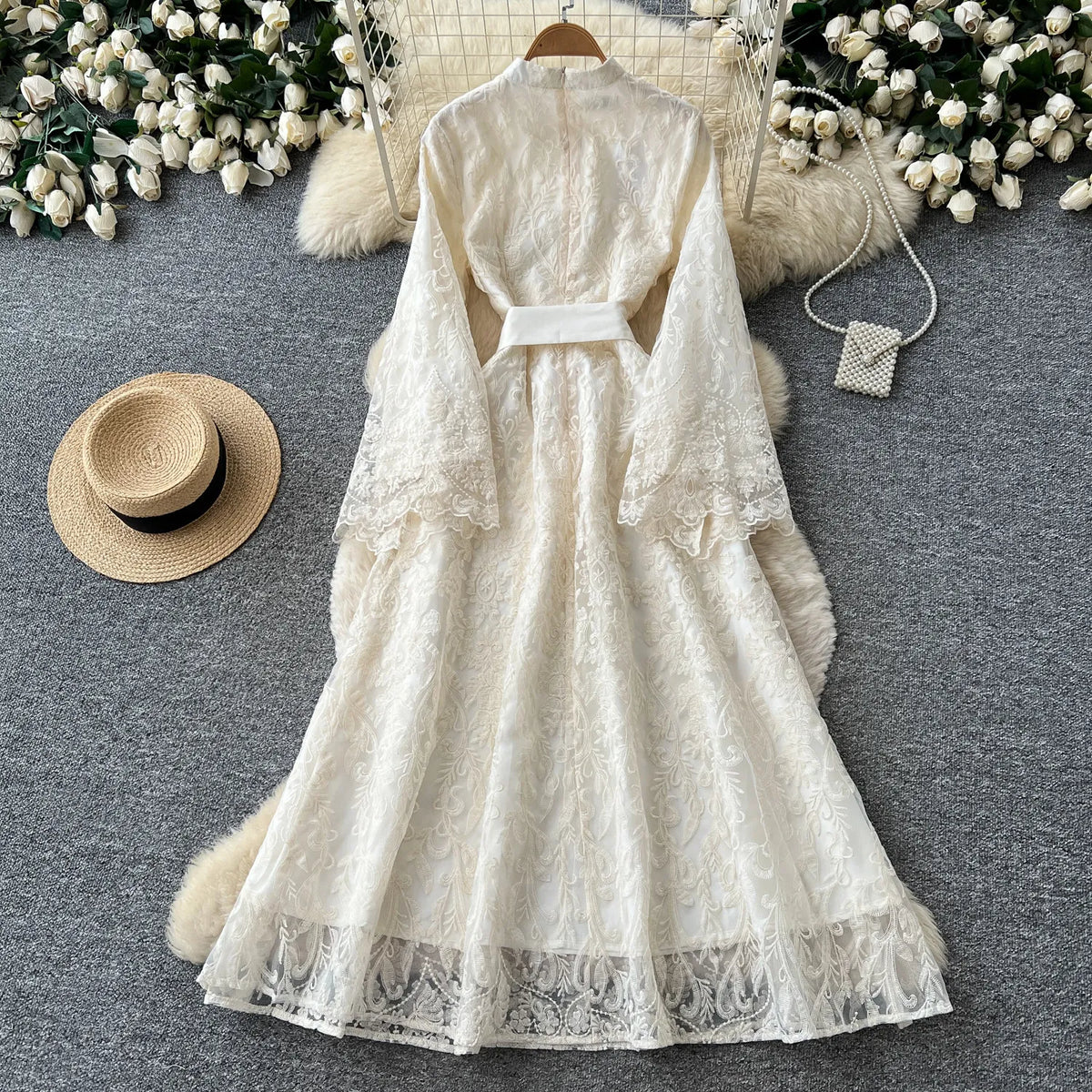 Intricate Lace Tie Waist Puff Sleeve Dress