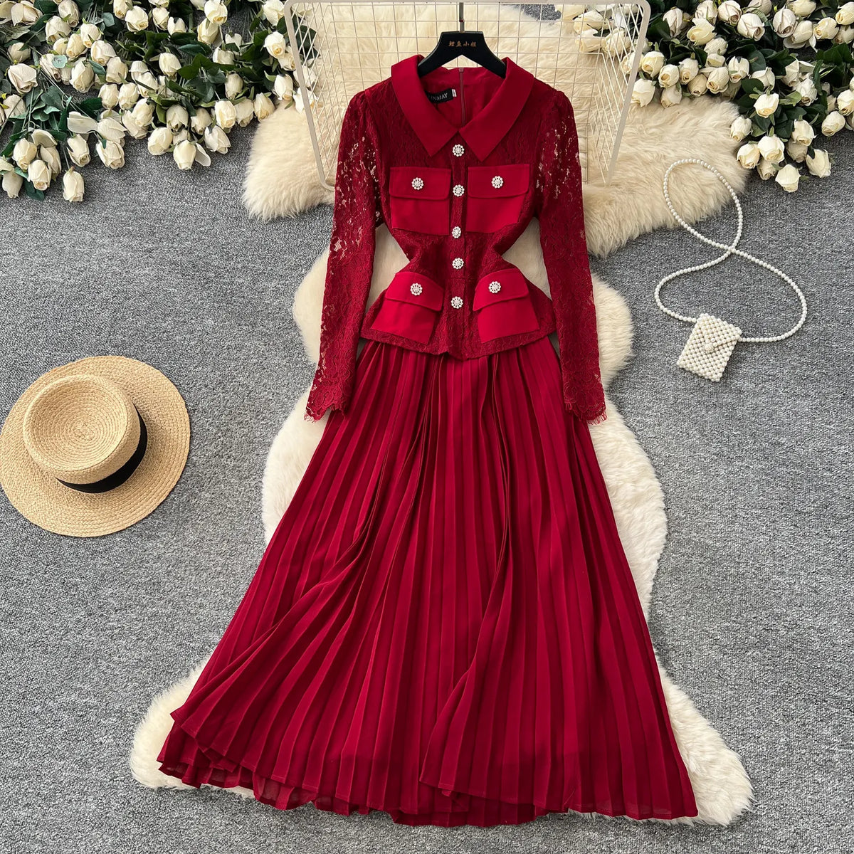 Lace Panel Collared Lantern Sleeve Maxi Dress