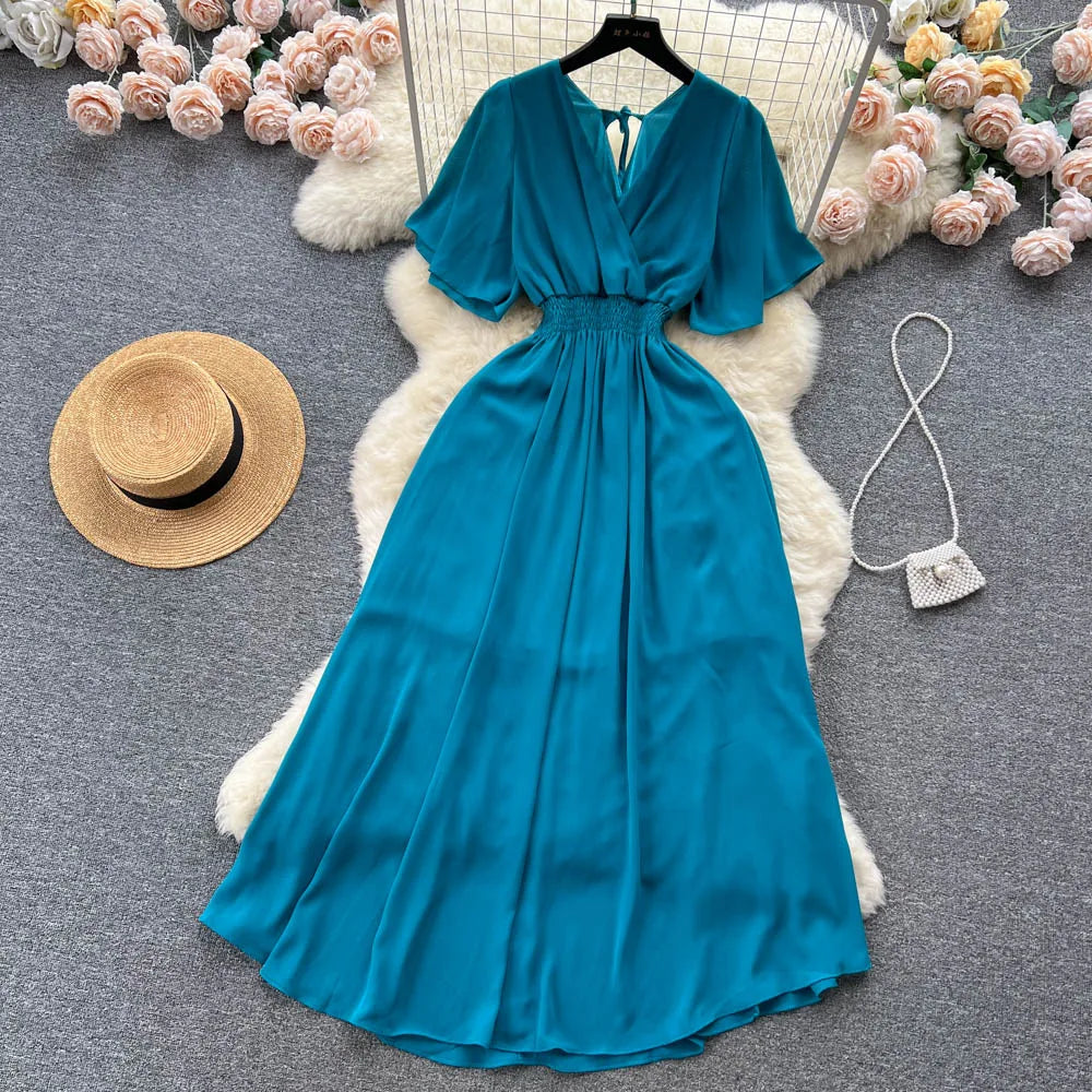 Backless Ruched Chiffon Boho Sundress
