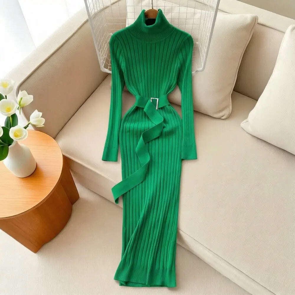 Black Lace-Up Turtleneck Knit Maxi Dress