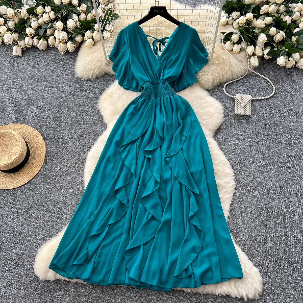 Criss-Cross Chiffon Short Sleeve Gown