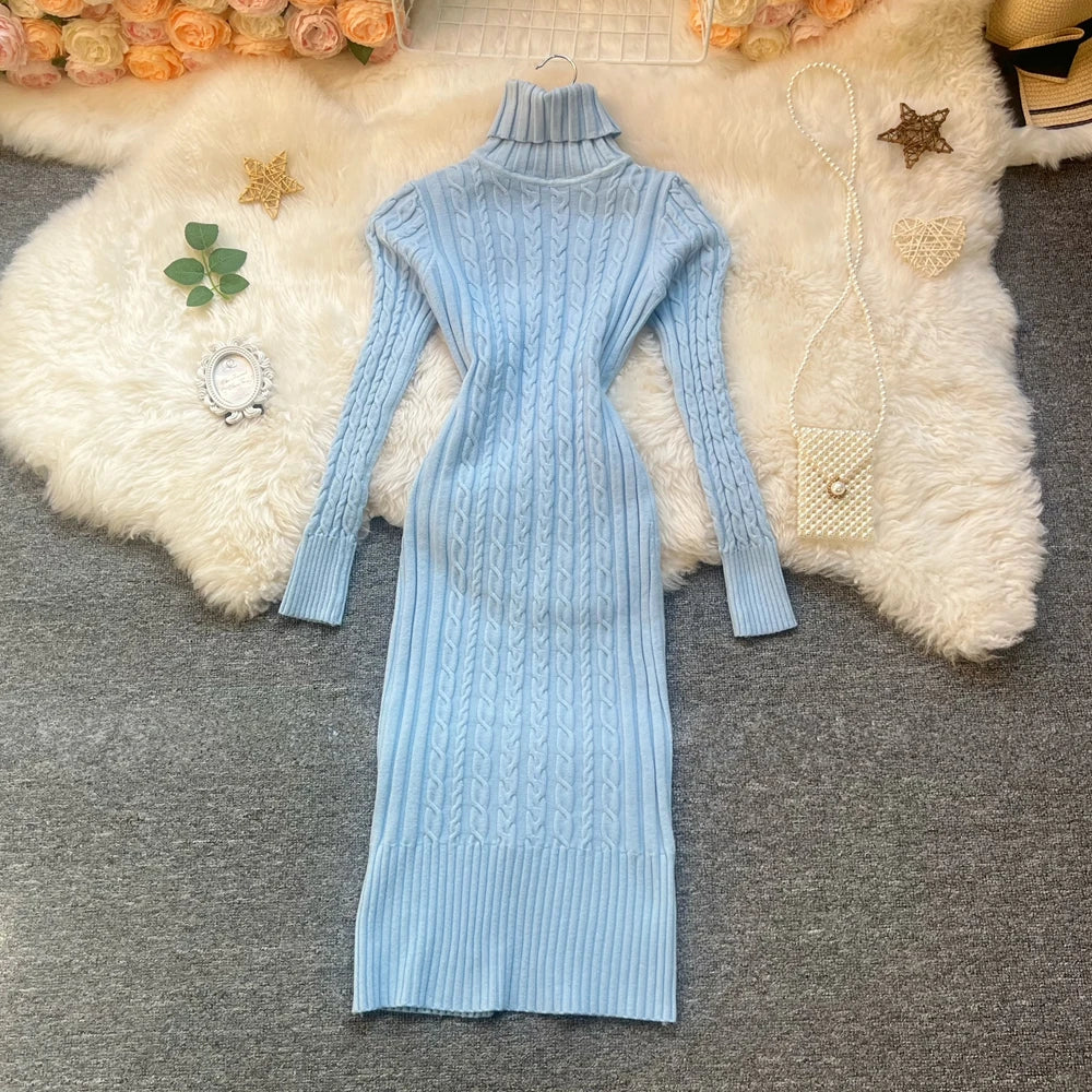 Twist Turtleneck Knit Sweater Dress