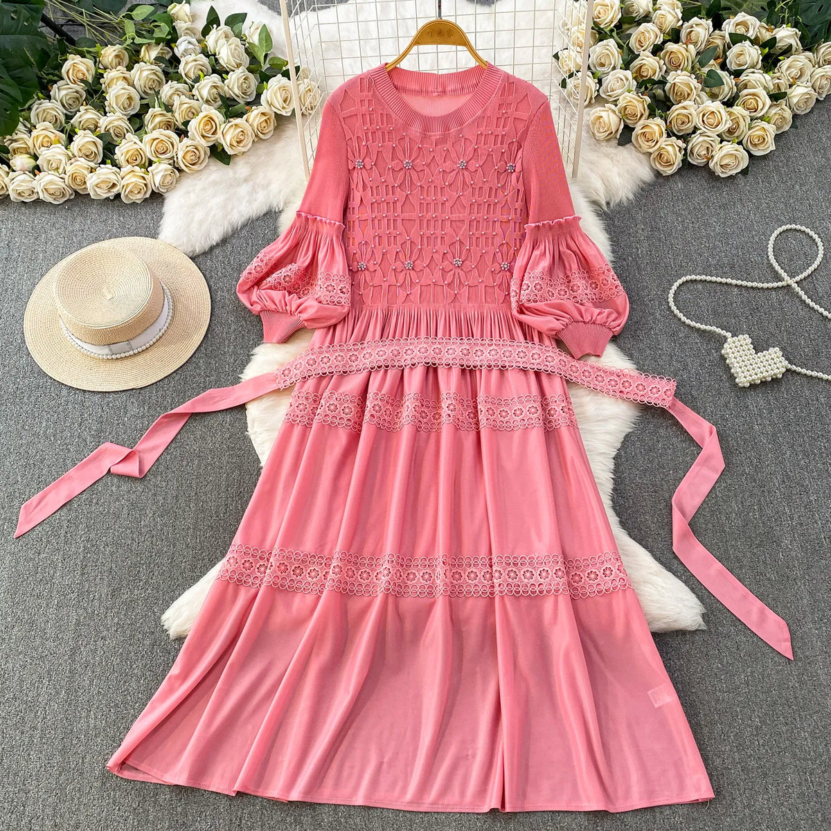 Lace Patchwork Lantern Sleeve Maxi Dress