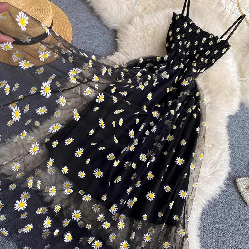 Floral Mesh Spaghetti Strap Party Dress