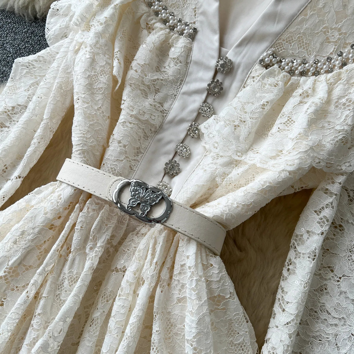 Rhinestone Lace V-Neck Maxi Evening Gown